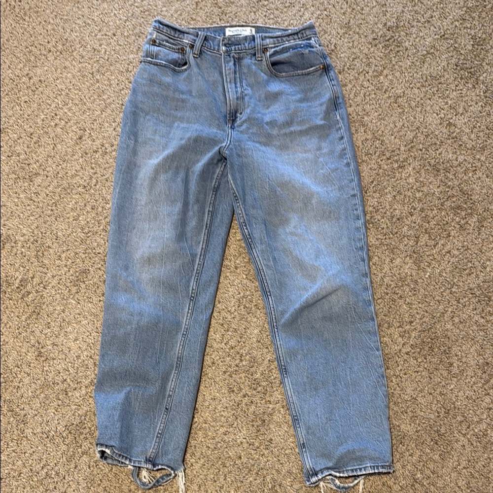 Abercrombie & Fitch Blue Straight Leg Jeans with Distressed Hem